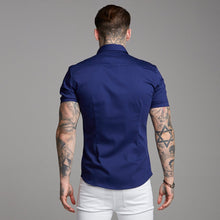 Load image into Gallery viewer, Father Sons Super Slim Stretch Navy Denim Short Sleeve (Red Emblem) - FS199