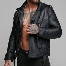 Load image into Gallery viewer, Father Sons Black Leather Jacket with Belt Detail - FSH313