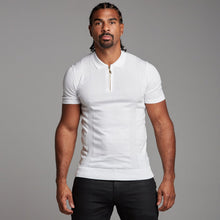 Load image into Gallery viewer, Father Sons Classic White and Gold Zip Knitted Short Sleeve Polo Shirt - FSH175
