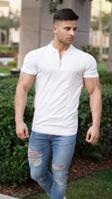 Load image into Gallery viewer, Father Sons Classic White and Gold Zip Knitted Short Sleeve Polo Shirt - FSH175
