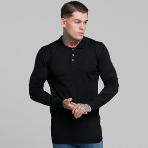 Father Sons Classic Black Knitted Long Sleeve Polo Shirt - FSH177