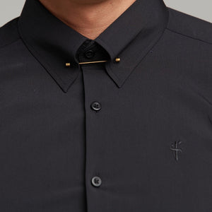 Father Sons Classic Black Stretch Shirt with Gold Pin Collar - FS569