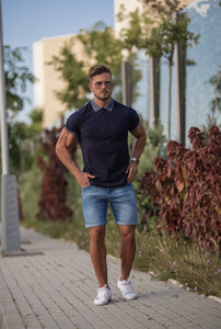 Father Sons Classic Navy Honeycomb Textured Polo Shirt with Contrast Collar Short Sleeve  - FSH424